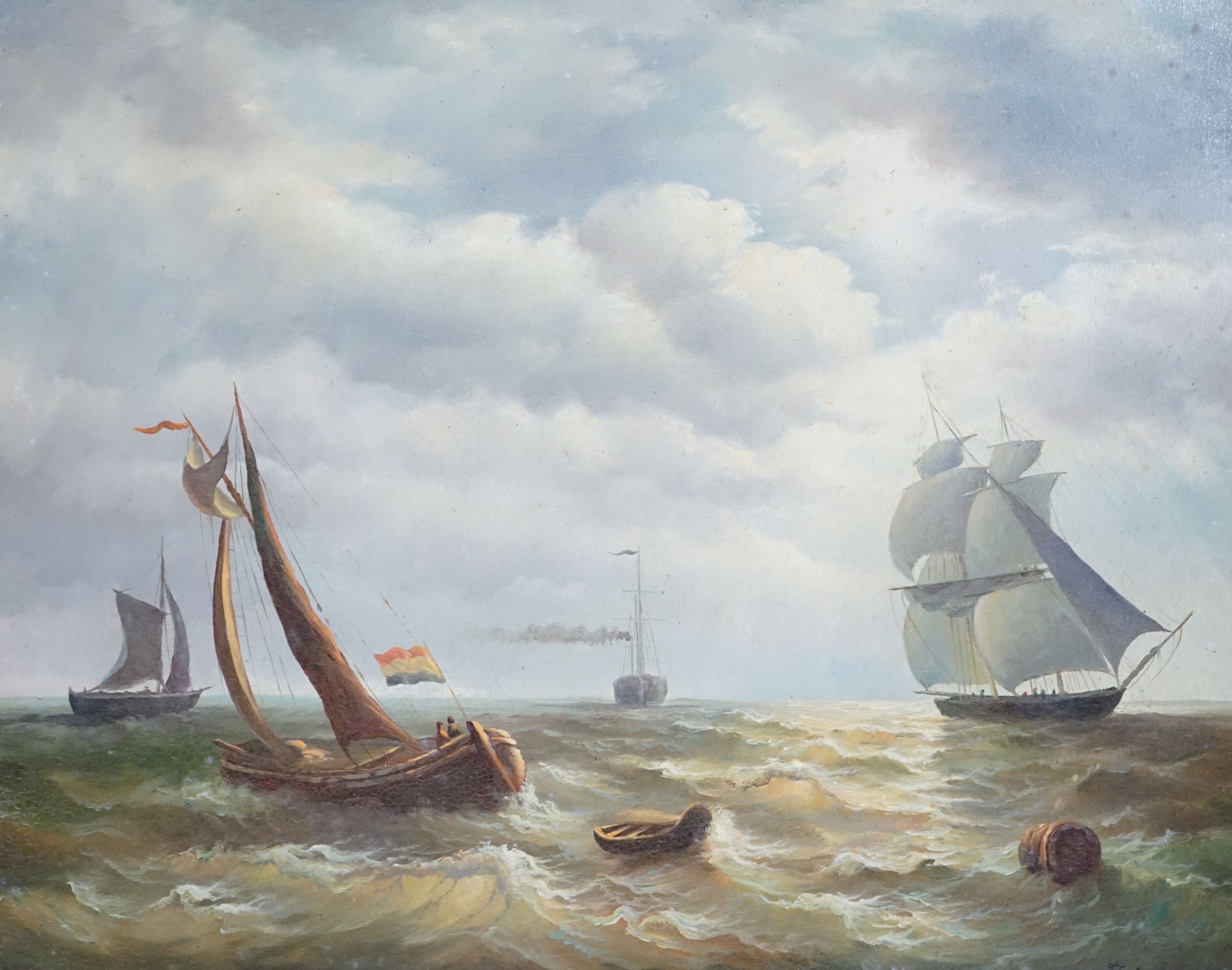 J. Lawrence, oil on board, Shipping off the coast, signed, 39 x 49cm